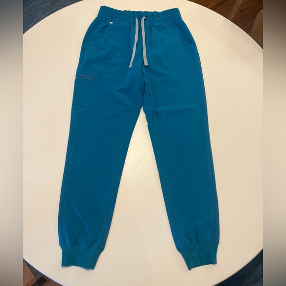 Figs Pants - Figs Teal Track Pants with Light Gray Drawstring